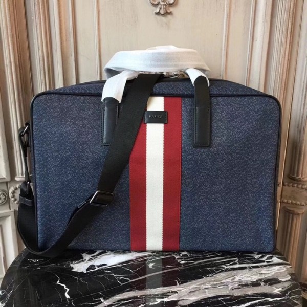 ✨Bally 2019 Nylon & Leather Tote Shoulder Bag,44cm  - 발리 2019 나일론 & 레더 남성용 토트 숄더 여행가방 BALB0070,44cm,네이비