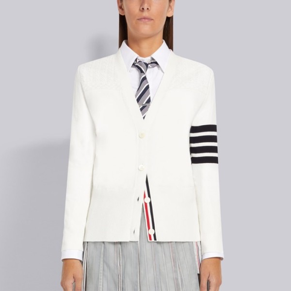 ✨톰브라운 여성 브이넥 화이트 가디건 - Thom Browne Womens White Cardigan - th09x