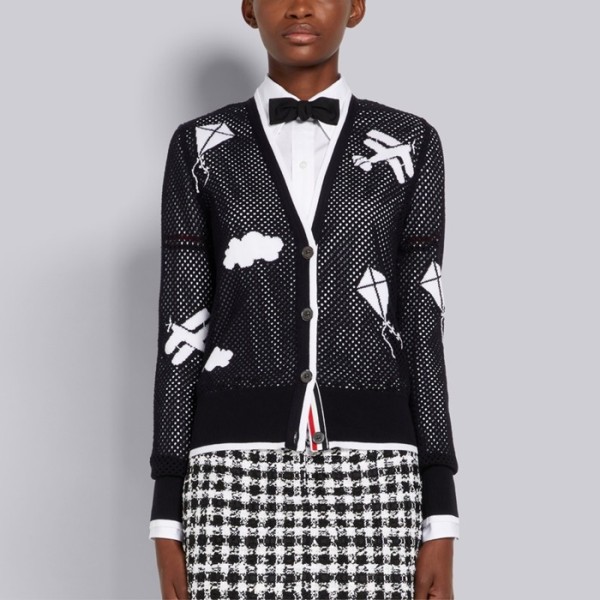 ✨톰브라운 여성 브이넥 네이비 가디건 - Thom Browne Womens Navy Cardigan - th10x