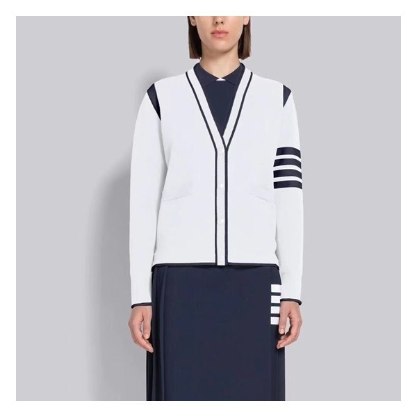 ✨톰브라운 여성 브이넥 화이트 가디건 - Thom Browne Womens White Cardigan - th53x