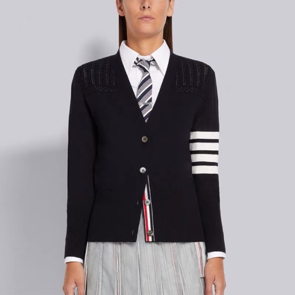 ✨톰브라운 여성 브이넥 블랙 가디건 - Thom Browne Womens Black Cardigan - th100x