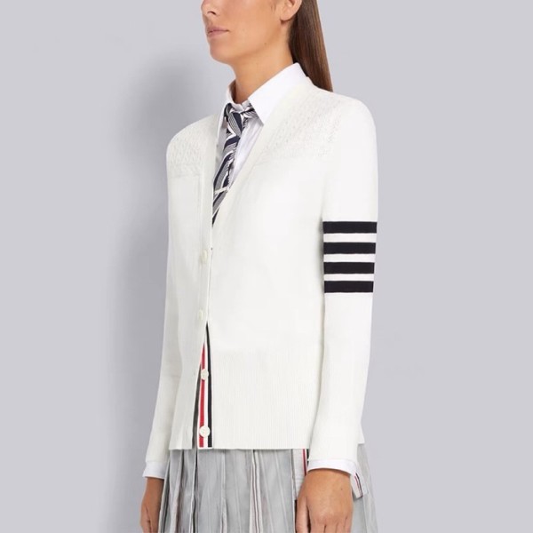 ✨톰브라운 여성 브이넥 화이트 가디건 - Thom Browne Womens White Cardigan - th101x