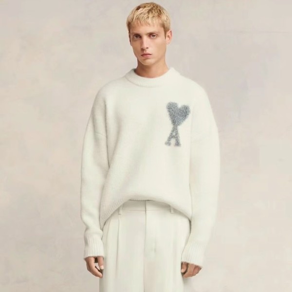 ✨아미 남/녀 아이보리 크루넥 니트 - Ami Unisex Ivory Knits - amc117x