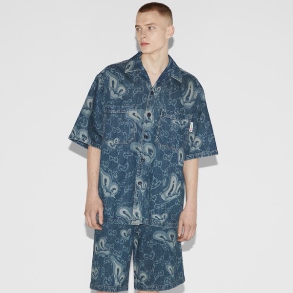 ✨구찌 남성 블루 반팔 셔츠 - Gucci Mens Blue Denim Shirts - guc360x