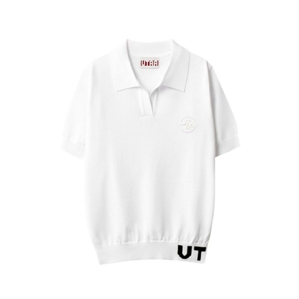 ✨[UTAA] 유타 여성 픽셀 로고 오픈넥 니트 티셔츠 - gol233x