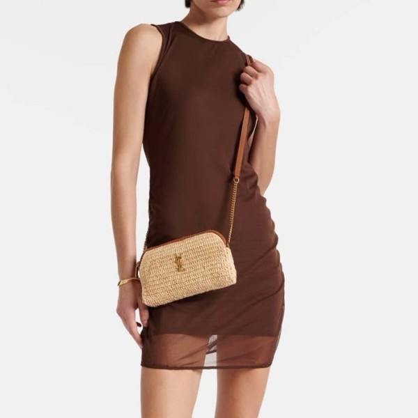 ✨입생로랑 여성 라피아 및 베지터블 태닝 가비 지퍼 파우치- Saint Laurent Womens Gaby zipper pouch in raffia and vegetable tanned leather - ysb5507x